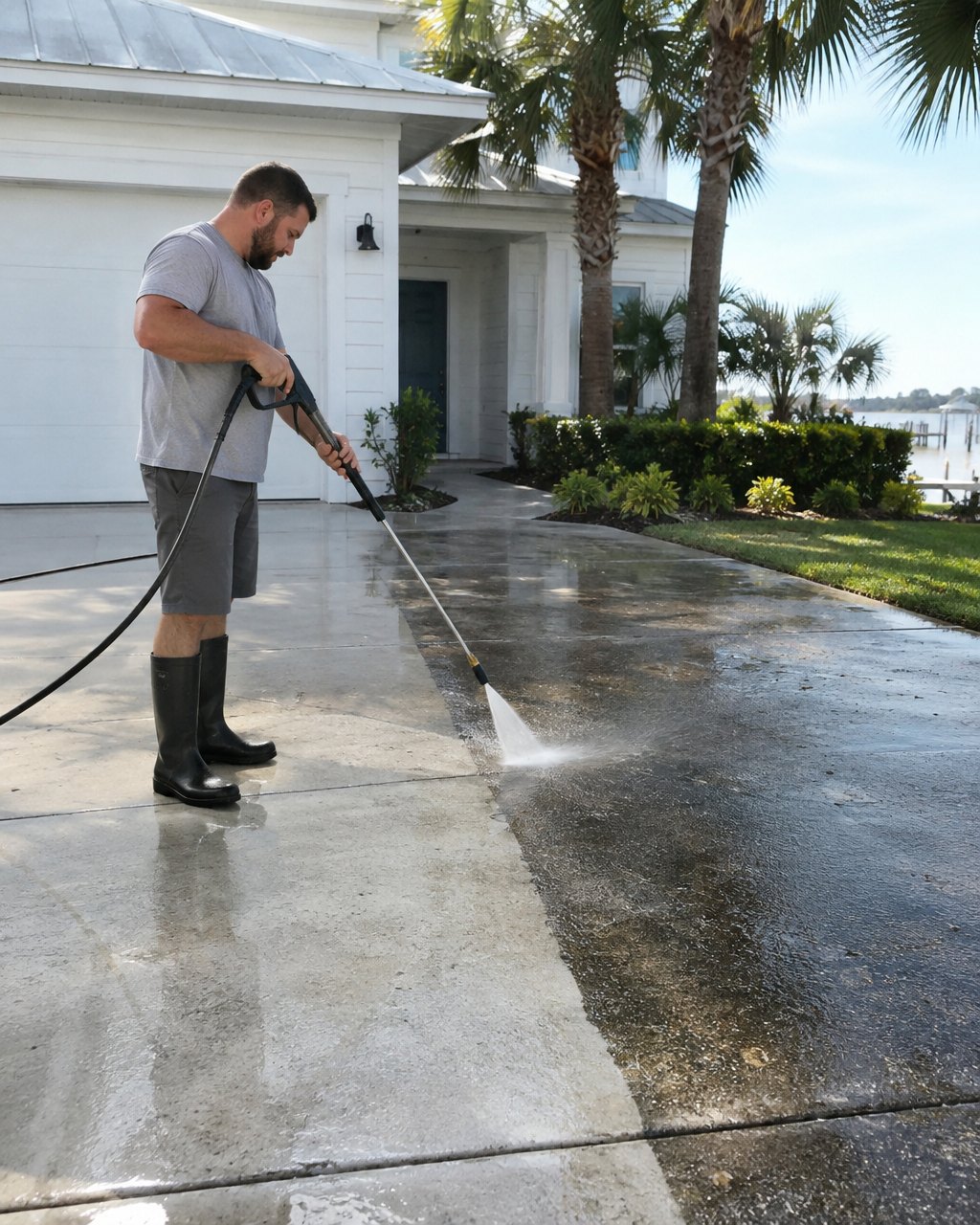 Clean concrete driveway after pressure washing