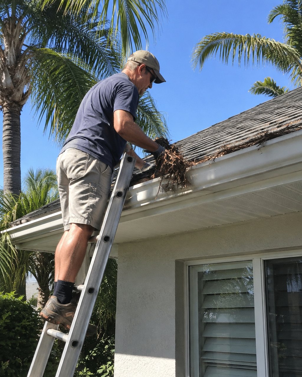 Gutter cleaning on a residential roofline