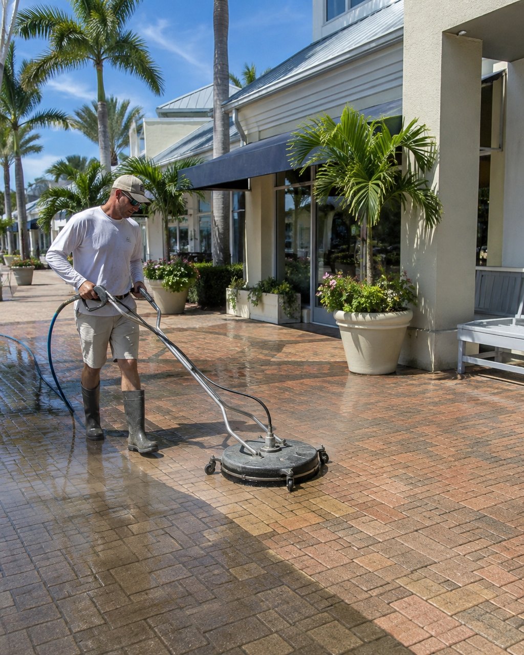 Surface cleaner pressure washing a brick paver walkway